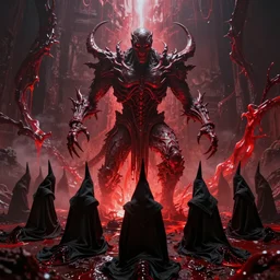 the necronomicon designed by yasushi nirasawa and hr giger, action shot wide angle lens, red fluid everywhere, hell on earth, druids kneeling on ground with black pointy hoods, - 9 6 0