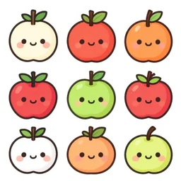 a set of kawaii fruits isolated on white background, stylized, cartoon, cute, vector graphics, trending on pinterest, featured on artsation, high quality, smooth graphics, fine edges,