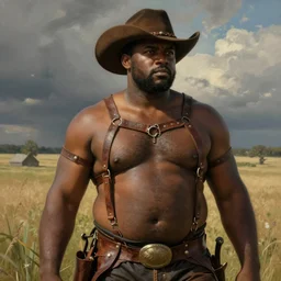 a beautiful dramatic epic painting of a thicc handsome black man | he is shirtless and wearing a cowboy hat and covered in leather straps | prairie setting | homoerotic, highly detailed, dramatic lighting | by Mark Maggiori, by William Herbert Dunton, by Charles Marion Russell, by Alphonse Mucha | trending on artstation