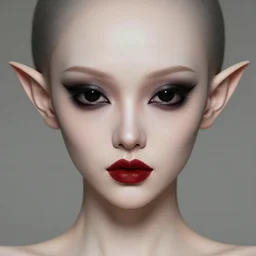a scary portrait, beautiful horror girl, short neck, professionally retouched, soft lighting, realistic, smooth face, black alien eyes, pointed elf ears, blood red lips, wide angle, sharp focus on the eyes, 8 k high definition, insanely detailed, intricate, elegant, beautiful, art by artgerm and wlop