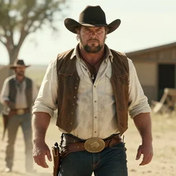 film still of the main character brawny burly surly cowboy standing in the outdoor scene in an action movie posing for the camera, 4 k wild west westworld 2 0 1 6