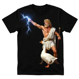 Greek God Zeus throwing lightning bolts at a goose, Tshirt Design, Heavy Metal, crosshatching, highly detailed, smooth, intricate, ornate by Bernie Wrightson and Alphonse Mucha