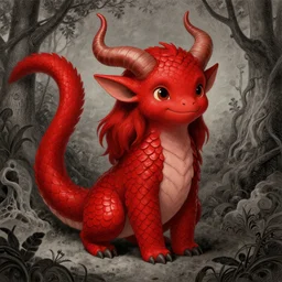 a cutely drawn kobold girl with vibrant red smooth scales, thick tail, cute horns and smile | digital drawing by thomas cole, terese nielsen, and edvard escher guay, magically shaped surrealism, trending on artstation