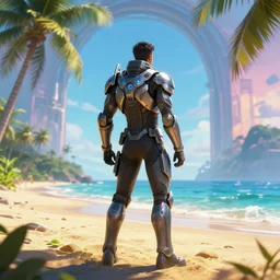 a man in a futuristic armor, standing on a tropical beach, looking at a distant archway, dramatic lighting, vibrant, concept art, cinematic, artstation