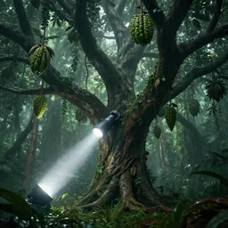 a beautiful render of a tree with human heads as fruits in rainforest, big flashlight lighting, intricate detail, hazy, humid, volumetric lighting, god rays, 8 k, photorealistic, raytracing effects, unreal engine 5, terrorific, suspense