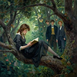 girl reading on a treebranch in the magical forest. andreas achenbach, artgerm, mikko lagerstedt, zack snyder, tokujin yoshioka, impressionist