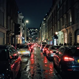 narrow street in london at night, cars waiting for traffic light, high buildings, architecture, taillights, puddles, reflections, pedestrians, blade runner, cinematic, filmic, film grain, ektachrome