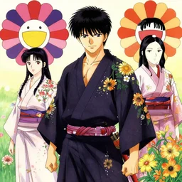 ancient japanese ninja, ninja robes, wearing wild flowers, by horohiko araki, by takashi murakami, by miho hirano