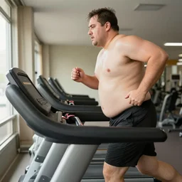 a fat man running on a treadmill heavily sweating