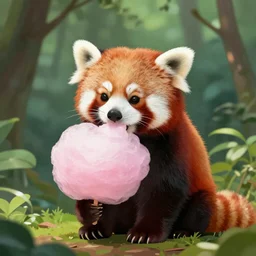 a cute red panda eating cotton candy on a lush forest floor with pretty trees, sunset, flowers, plants and grass, with the sun shining on it
