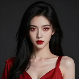 portrait of a woman with long black hair and red eyes, wearing a red dress, 4k, detailed face, beautiful, octane render, dark lighting, artstation, high quality,