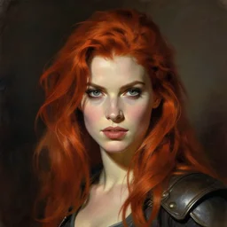portrait of tomb raider with red hair illustration by frank frazetta and boris vallejo