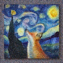 a centred painting of a fox looking up at the colourful galaxy in the style of Starry Night, highly detailed, trending on artstation