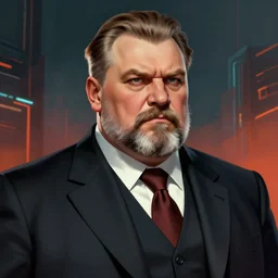 a portrait of a stern heavy set older man with a round face and a salt and pepper goatee, wearing a business suit and tie, in the style of a soviet era propaganda poster, cyberpunk dark fantasy art, official fanart behance hd artstation by jesper ejsing