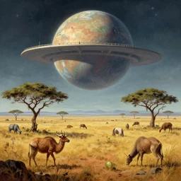 A strange savannah and on an alien science-fiction planet, beautiful matte painting, Moebius, frank frazetta, sid mead, james gurney, thomas kinkade, rodney mathews, trending on artstation