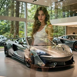 a double exposure of a woman in the forest and a sports car in a showroom