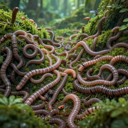 jungle of worms, crawing everywhere, attacking animals, infestation, photography