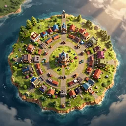 aerial view of village on island in the style of clash of clans, artwork, ultra realistic concept art