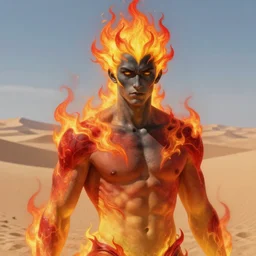 portrait of a beautiful young fit male spirit with fire hairs and coal skin, luminous, by greg rutkowski and alphonse mucha, d & d character, gradient red to yellow, in front of a desert background, highly detailed portrait, digital painting, artstation, concept art, smooth, sharp focus ilustration, artstation hq