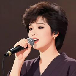 A norman rockwell portrait illustration about a japanese 1980 idol singer singing to a microphone