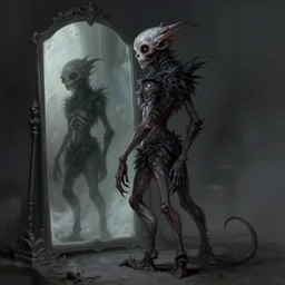 beautiful digital fantasy illustration of a creepymania creature standing in front of a mirror, concept art by Alex Horley-Orlandelli, cgsociety contest winner, gothic art, official art, concept art, #vfxfriday, cgsociety, fantasy art, highly detailed, soft lighting, rendered in octane, masterpiece, very very very aesthetic