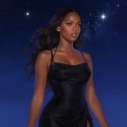 tyra banks, wearing a black dress, in the starry sky, star sparkles, sharp focus, d & d, epic retrowave art, masterpiece, trending on art station, fantasy, digital painting, highly detailed, 8 k realistic, dof, art by artgerm, greg rutkowski, sasoura, satchely, no distorsion