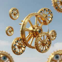 beings made out of interlocking gold wheels with each wheel’s exterior covered with multiple eyes. They move by floating themselves in the sky