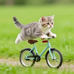kitten flying on a bicycle through a grassy meadow
