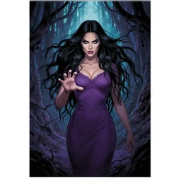 sofia vergara comic cover art, artgerm, joshua middleton, pretty stella maeve witch doing black magic, serious look, purple dress, symmetrical eyes, symmetrical face, long black hair, full body, twisted evil dark forest in the background, cool colors