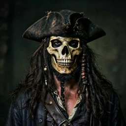 portrait photo of a dirty rugged old pirate lord wearing dirty old black hat, black coat and a worn ans stained skull bone mask, long black beard and long black hair, dark scene with dim light, dslr photo, depth of field