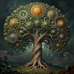 divine chaos engine by roger dean and andrew ferez, tree of life, symbolist, visionary, art forms of nature by ernst haeckel, art nouveau, botanical organic fractal structures, surreality, detailed, realistic, deep rich moody colors
