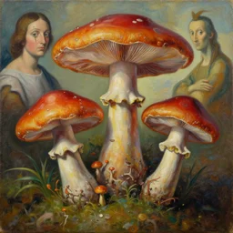 3 d natural amazonian psychedelic harvested wild mushrooms by kaws, james jean and salvador dali and shusei nagaoka, textured oil on canvas, surrealism, neoclassicism, renaissance, depth of field, hyper realistic, cell shaded, metallic reflections, physically based rendering, 8 k