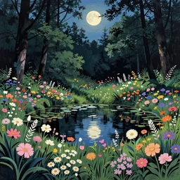 ( ( ( gediminas pranckevicius ) ) ), a pond in the forest, moonlight, flower garden summer morning, very coherent and colorful high contrast art by simon stalenhag floralpunk screen printing woodblock, dark shadows, pastel color, hard lighting, dan munford