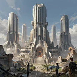 Ultra realistic illustration, landscape with ruined futuristic city with gigantic destroyed monuments, sci-fi, fantasy, intricate, highly detailed, digital painting, artstation, concept art, smooth, sharp focus, cinematic lighting , art by Maciej Rebisz and Ashley wood and Fenghua Zhong