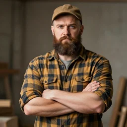 a robust lumberjack with full beard and checkered shirt