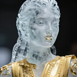 close up of face of female fashion model, ice sculpture, gold plated, versace dress, highly detailed