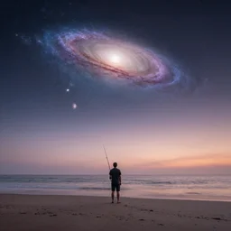 a man standing on an empty beach with a fishing rod a distant galaxy and a planet with rings visible in the dusk sky highly detailed photograph high resolution 8 k