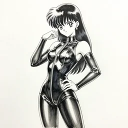 beautiful aesthetic inspirational masterful professional ink pen liner sketch of a 1 9 9 0 s anime manga japanese girl posing in latex dress, marvel style, concept art, fine details, trending on artstation, trending on pixiv, high quality paper, instagram photo. art university academy work, gnomon, calarts