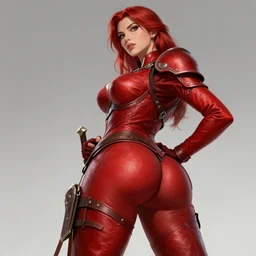 Female archer, dnd, d&d, leggins, red skintight leather armor, red hair, Low-Angle, visible face!, beautiful face!, hands on hips, alluring, D-cup, toned derriere, high fantasy, realistic, extremely detailed, matte painting, by wlop and Frank Franzzeta, artstation, cgsociety
