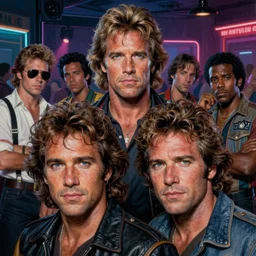 a portrait painting of eighties miami vice, night club, don johnson and philip michael thomas, ultra realistic, highly detailed faces, true life, 8 k, masterpiece, cinematic, by frank frazetta, greg rutkowski, yoko taro, christian macnevin, beeple, wlop, krenz cushart, epic character art, volumetric lighting