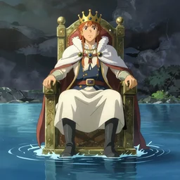 a king sitting on a throne floating on water in the middle of a lake drawn by Makoto Yukimura in the style of Vinland saga anime, full color