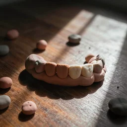 teeth made of plasticine scattered on the table
