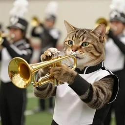 a cat in a marching band playing a trumpet, a cat in a marching band playing a trumpet,  a cat in a marching band playing a trumpet,  a cat in a marching band playing a trumpet,  a cat in a marching band playing a trumpet,