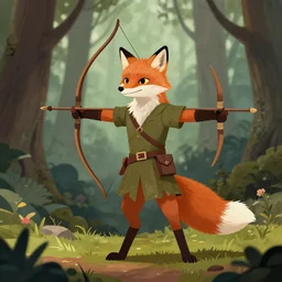 a medieval anthropomorphic fox archer with a fluffy tail in the forest, robin hood