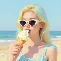 portrait of beautiful girl on the beach, sunglasses, eating giant icecream, pastel shades of yellow en light blue, beautiful face, rule of thirds, spotlight, drips of paint, expressive, passionate, by greg rutkowski, by jeremy mann, by francoise nielly, by van gogh, digital painting