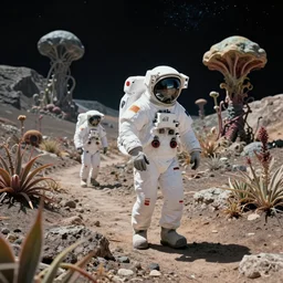 astronauts hiking on a bizarre alien planet with alien botany chris moss