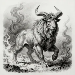 full body grayscale drawing by Gustave Dore of muscled horned humanoid beast, swirling flames