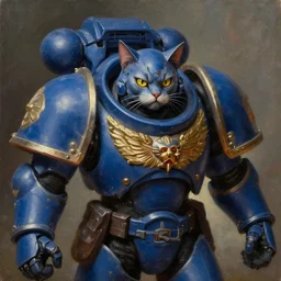 an oil painting of a cat as a Space Marine from the Warhammer 40k, ultramarine cat, Omega Marines, big shoulderpads glorious, cinematic, realistic lighting, masterpiece painting