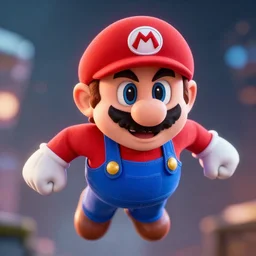body portrait of posing super mario!! as superman superman in gears of war!, face, flying, cinematic lighting, ray tracing, octane render, long lens, shallow depth of field, bokeh, anamorphic lens flare, 8 k, hyper detailed, 3 5 mm film grain