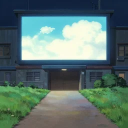 entrance to a building with a path on the lawn, a giant screen, at night, ghibli style
